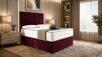 Plush Velvet Maroon - Kensington Grande Luxury Divan Bed – Premium Upholstered Bed Frame with Tall Vertical Panel Headboard