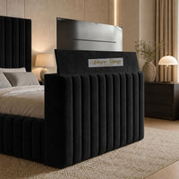 Plush Velvet Black - Mayfair Luxury Channelled TV Bed – Premium Upholstered Bed Frame with Integrated TV Footboard
