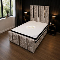 Crushed Velvet Mink - Chevronne Luxury Chevron Panel Bed – Designer Upholstered Bed Frame with Metallic Inlay Detailing