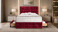 Crushed Velvet Red - Monaco Luxe Luxury Divan Bed – Premium Upholstered Panelled Headboard with Storage