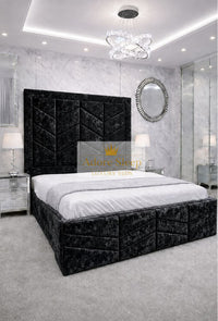 Crushed Velvet Black - Valencia Royale Luxury Upholstered Bed – Geometric Chevron Panel Headboard & Statement Footboard