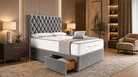 Plush Velvet Grey - Regency Diamond Luxury Divan Bed – Deep Button-Tufted Headboard with Premium Upholstered Frame & Storage