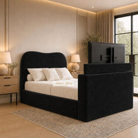 Plush Velvet Black - Serene Luxury Curved TV Bed – Designer Upholstered Bed Frame with Integrated TV Footboard