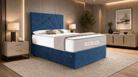 Naples Blue - Aurelia Geometric Luxe Divan Bed with Statement Panelled Headboard & Storage