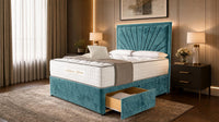 Crushed Velvet Teal - Aurelia Luxury Sunburst Divan Bed – Designer Upholstered Bed Frame