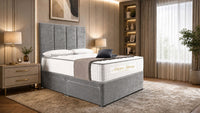 Plush Velvet Steel - Kensington Grande Luxury Divan Bed – Premium Upholstered Bed Frame with Tall Vertical Panel Headboard