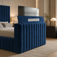 Plush Velvet Sapphire - Mayfair Luxury Channelled TV Bed – Premium Upholstered Bed Frame with Integrated TV Footboard
