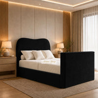 Plush Velvet Black - Serene Luxury Curved TV Bed – Designer Upholstered Bed Frame with Integrated TV Footboard