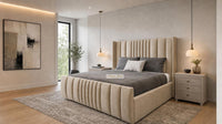 Naples Sand - Mayfair Luxury Panelled Bed – Premium Upholstered Bed Frame with Statement Headboard & Footboard