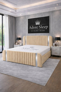 Naples Cream - Spencer Luxury Curved Fluted Bed Frame with Gold Strip – Upholstered