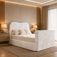 Crushed Velvet White - Serene Luxury Curved TV Bed – Designer Upholstered Bed Frame with Integrated TV Footboard