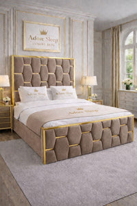 Naples Mink - Sovereign Geometric Upholstered Designer Bed | Luxury Gold Trim Bed Frame