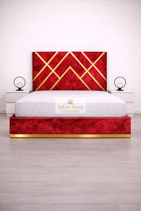 Crushed Velvet Red - Regalia Noir Luxury Upholstered Bed – Geometric Designer Headboard with Metallic Accent Detailing