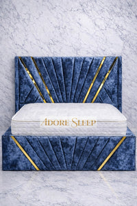 Crushed Velvet Denim Blue - Bat Luxury Panel Bed Frame with Gold Strip – Upholstered