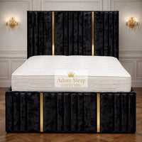 Crushed Velvet Black - Celestine Luxe Vertical Panelled Gold Strip Upholstered Bed Frame | Luxury Statement Bed