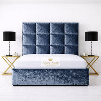 Crushed Velvet Denim Blue - Kensington Royale Luxury Ottoman Divan Storage Bed Frame – Premium Panelled Headboard