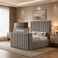 Plush Velvet Steel - Mayfair Luxury Channelled TV Bed – Premium Upholstered Bed Frame with Integrated TV Footboard