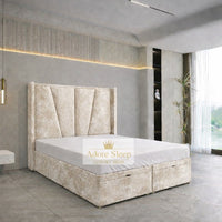 Crushed Velvet Cream - Valençay Flared Sunburst Wingback Bed | Luxury Divan Ottoman Upholstered Bed Frame