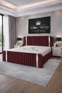Plush Velvet Maroon - Spencer Luxury Curved Fluted Bed Frame with Gold Strip – Upholstered