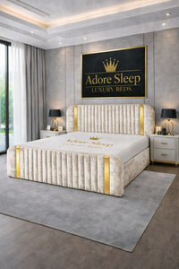 Crushed Velvet Cream - Spencer Luxury Curved Fluted Bed Frame with Gold Strip – Upholstered