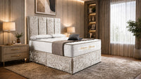 Crushed Velvet Champagne - Kensington Grande Luxury Divan Bed – Premium Upholstered Bed Frame with Tall Vertical Panel Headboard