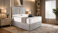Plush Velvet Silver - Kensington Grande Luxury Divan Bed – Premium Upholstered Bed Frame with Tall Vertical Panel Headboard