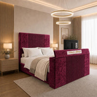 Crushed Velvet Aubergine - Knightsbridge Luxury Fluted TV Bed – Designer Upholstered Bed Frame with Integrated TV Footboard
