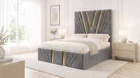 Plush Velvet Grey - Monaco V-Line Luxury Geometric Ottoman Storage Bed
