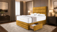 Plush Velvet Mustard Gold - Monaco Luxe Luxury Divan Bed – Premium Upholstered Panelled Headboard with Storage