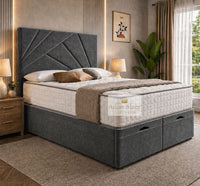 Plush Velvet Steel - Meridian Abstract Geometry Ottoman Divan Bed | Luxury Hydraulic Storage Bed Frame