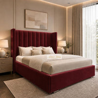 Plush Velvet Maroon - Harrington Luxury Wingback Bed – Premium Upholstered Bed Frame with Tall Panel Headboard