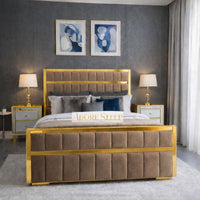 Naples Mink - Aurelius Linear Upholstered Designer Bed | Luxury Gold Frame Statement Bed