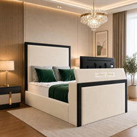 Naples Cream - Claridge Luxury Framed TV Bed – Premium Upholstered Bed Frame with Integrated TV Footboard