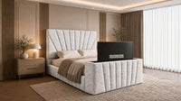 Crushed Velvet White - Solaris Luxury Sunburst TV Bed – Designer Upholstered Bed Frame with Integrated TV Footboard