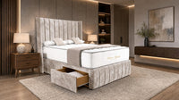 Crushed Velvet Mink - Valentina Vertical Luxe Divan Bed – Channelled Statement Headboard & Storage