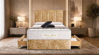 Crushed Velvet Gold - Kensington Grande Luxury Divan Bed – Premium Upholstered Bed Frame with Tall Vertical Panel Headboard