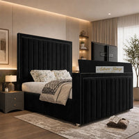 Plush Velvet Black - Savoy Luxury Piped Panel TV Bed – Designer Upholstered Bed Frame with Integrated TV Footboard