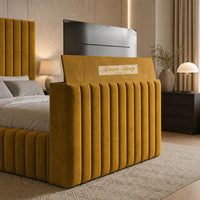 Plush Velvet Mustard Gold - Mayfair Luxury Channelled TV Bed – Premium Upholstered Bed Frame with Integrated TV Footboard