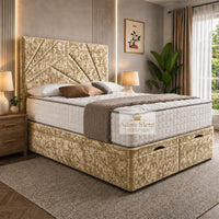 Crushed Velvet Gold - Meridian Abstract Geometry Ottoman Divan Bed | Luxury Hydraulic Storage Bed Frame