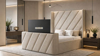 Naples Sand - Ascot Luxury Diagonal Panel TV Bed – Designer Upholstered Bed Frame with Integrated TV Footboard