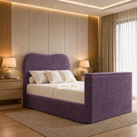 Naples Purple - Serene Luxury Curved TV Bed – Designer Upholstered Bed Frame with Integrated TV Footboard