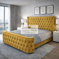 Plush Velvet Mustard Gold - Celestine Grandeur Luxury Upholstered Bed – Deep Button Tufted Headboard & Curved Statement Footboard