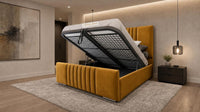 Plush Velvet Mustard Gold - Belgravia Luxury Ottoman Storage Bed – Premium Upholstered Gas Lift Bed Frame