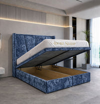 Crushed Velvet Denim Blue - Valençay Flared Sunburst Wingback Bed | Luxury Divan Ottoman Upholstered Bed Frame