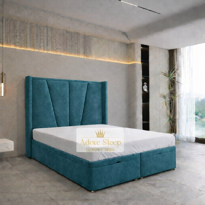 Plush Velvet Teal - Valençay Flared Sunburst Wingback Bed | Luxury Divan Ottoman Upholstered Bed Frame