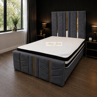 Naples Charcoal - Chevronne Luxury Chevron Panel Bed – Designer Upholstered Bed Frame with Metallic Inlay Detailing