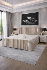 Plush Velvet Beige - Spencer Luxury Curved Fluted Bed Frame with Gold Strip – Upholstered