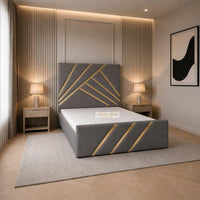 Naples Slate Grey - Monaco Luxury Geometric Bed – Designer Upholstered Bed Frame with Metallic Inlay Detailing