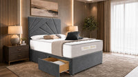Naples Charcoal - Aurelia Geometric Luxe Divan Bed with Statement Panelled Headboard & Storage