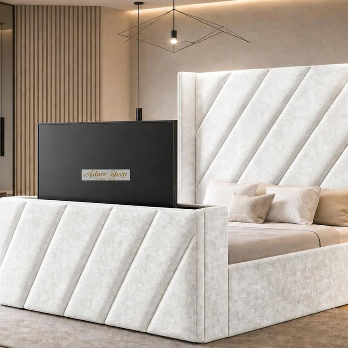 Crushed Velvet White - Ascot Luxury Diagonal Panel TV Bed – Designer Upholstered Bed Frame with Integrated TV Footboard